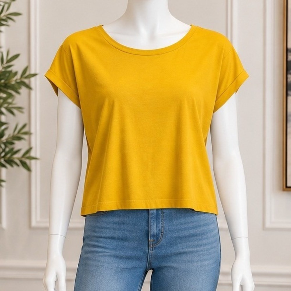 Zara Womens T-Shirt Mustard Yellow Cuffed Sleeve Crop Top Small